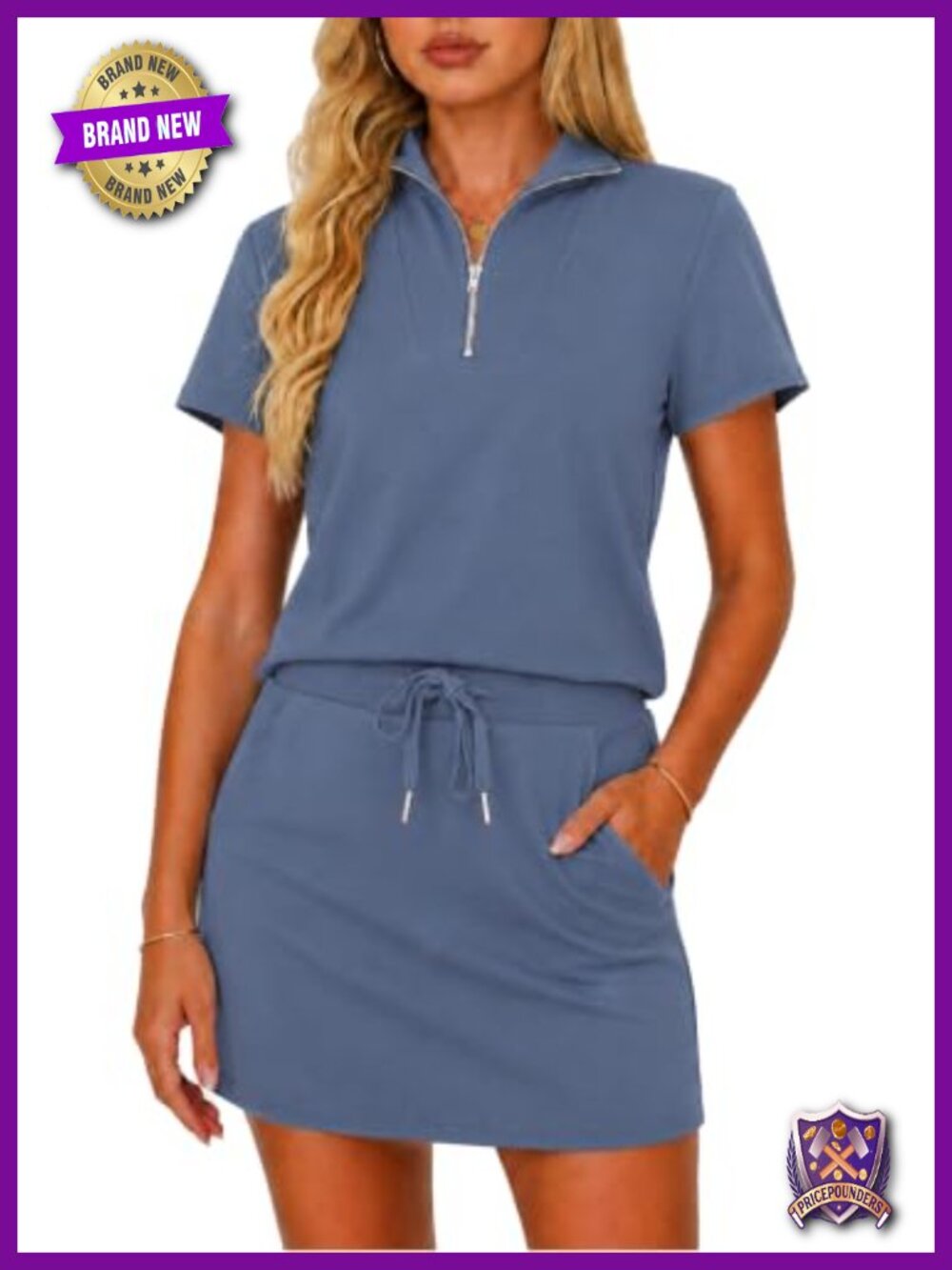 Women Two Piece Skort Set Polyester Viscose Half Zip Polo Top A-Line Skort